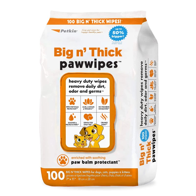 Petkin Big N' Thick Paw Wipes for Dogs, 100 Large Wipes - Clean Dirty Paws After Muddy Walks, with Paw Balm Protectant - Keep Floors and Furniture Clean - Ideal for Home or Travel - Orange Scent - Image 1